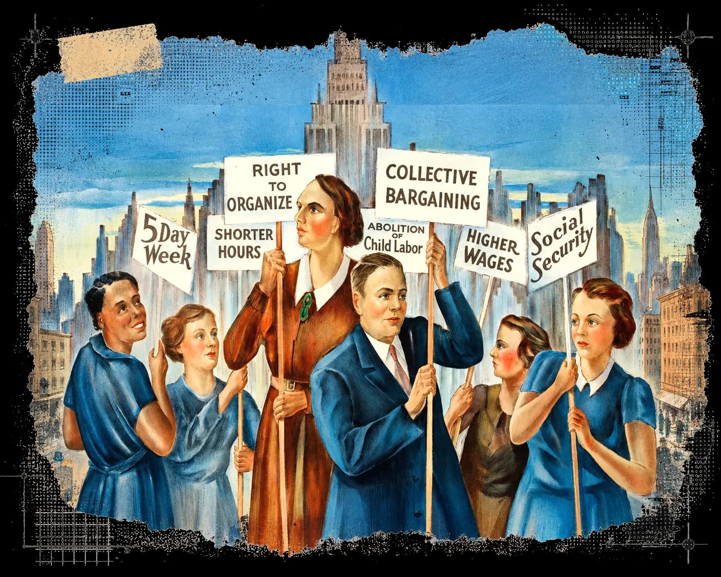 Workers with signs in industrial revolution era illustration